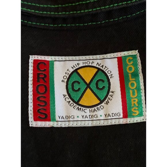 Cross Colours Black Denim Jacket With Green Stitching & Logo Patches M - Picture 7 of 7